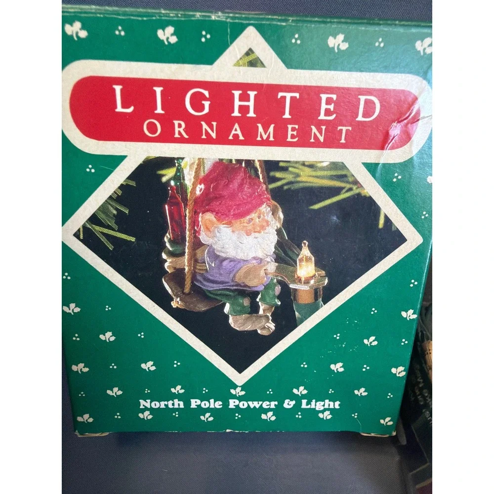 Vintage North Pole Power & Light Gnome Lighted Christmas Ornament with Wrench